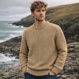 Finisterre heavy wool knit Fisherman sweater patch elbow shoulder